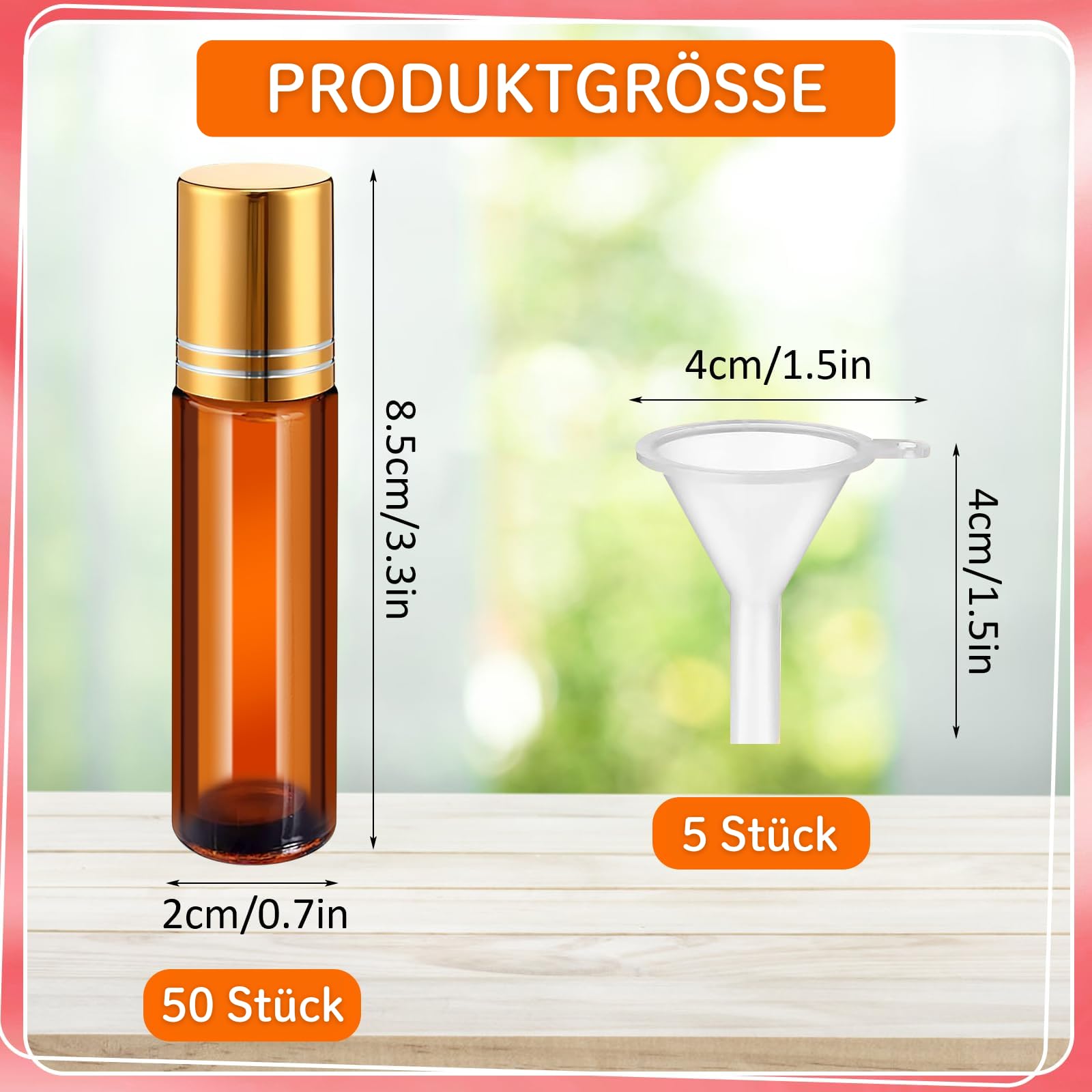 50 bottiglie Roll-On da 10 ml, in vetro ambra, ricaricabili, con sfera in acciaio inox, per oli essenziali, profumi e cosmetici, inclusi 5 tramoggia