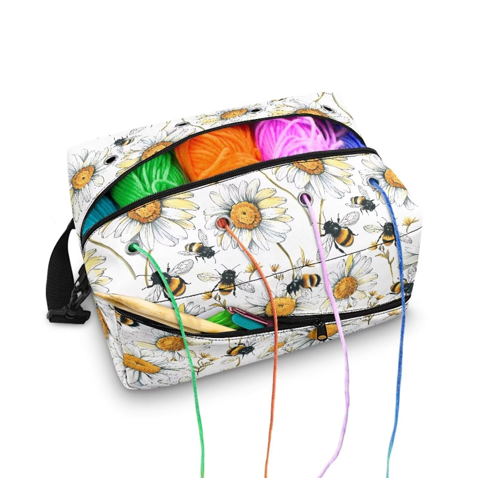 Drnuikhe Knitting Bag for Yarn Storage Durable Crochet Storage Bag Daisy Bee Print Travel Knitting Bag Large Capacity Yarn Storage Organizer Bags for Unfinished Project