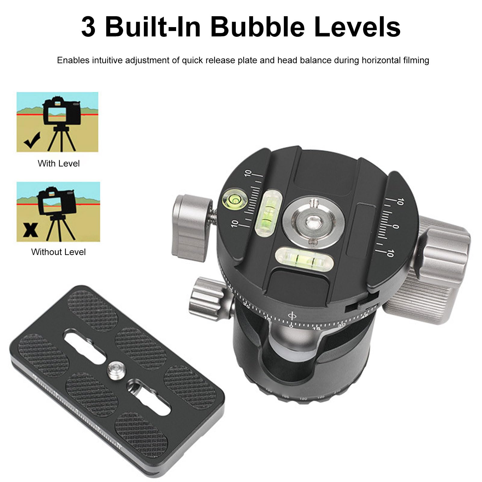 Cuifati Attacco per Treppiede con Testa a Sfera D40S, Testa a Sfera Panoramica in Lega di Alluminio da 40 Mm con Piastra a Sgancio Rapido da 70 Mm, per Cursore Monopiede Treppiede per