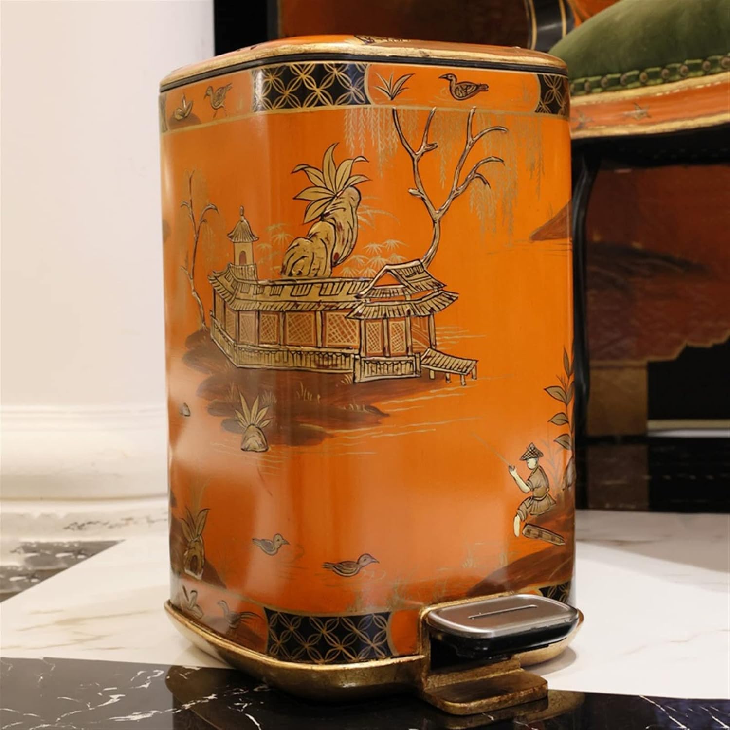Waste Bin Elegant Household Trash Can Hand-Painted Colour Lacquered Gold Leaf Trash Can Luxurious French Pedal Trash Can 9.4 x 12.9 x 15.7 Inches Waste Basket (Colour: Orange)