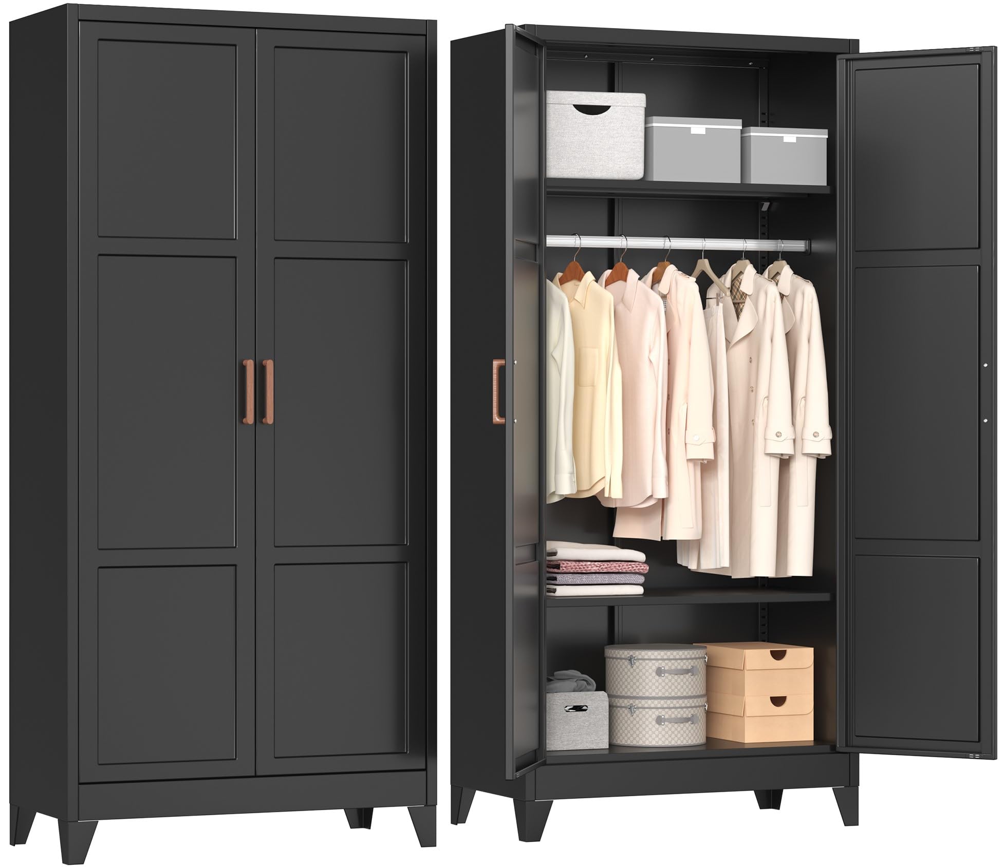 INTERGREAT Metal Armoire Wardrobe Closet, Storage Cabinet with Hanging Rod, 71" H Wardrobe Closet with Doors, Metal Storage Cabinets for Bedroom/