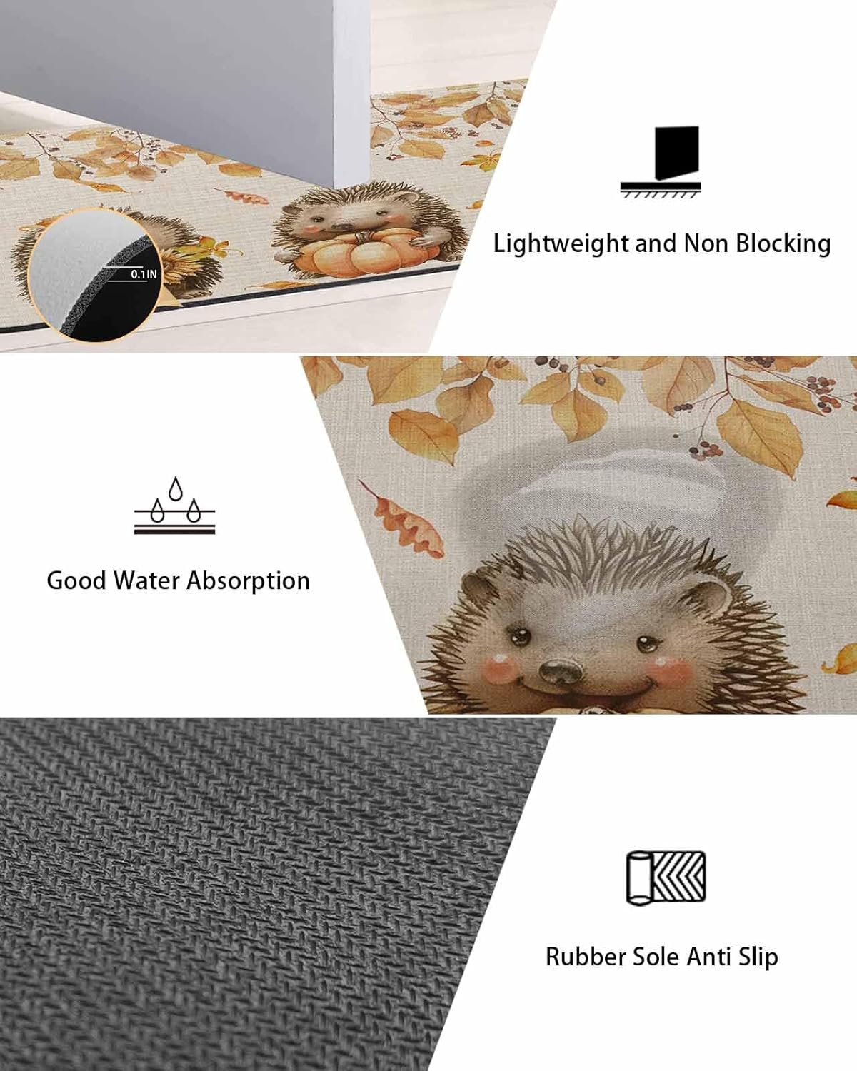 Bath Rugs Bathroom Rug,Thanksgiving Autumn Watercolor Pumpkin Absorbent Diatomaceous Earth Bath Mat Quick Drying Non-Slip Washable Shower Mat,Country Fall Leaves Hedgehog Floral on Linen Doormat