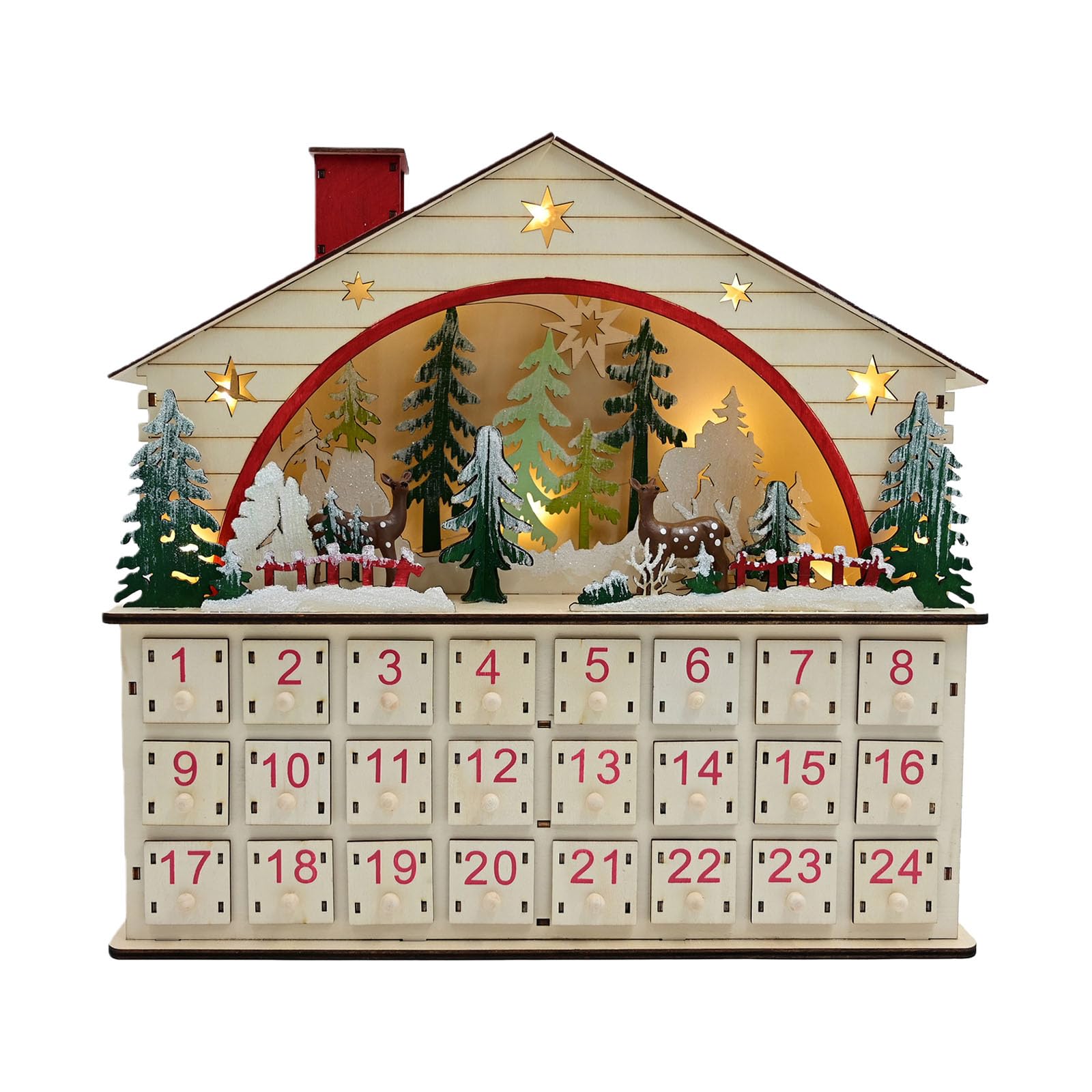 Natürlicher Holz-Adventskalender, Weihnachts-Holz-Advent mit Schubladen, LED-beleuchteter Countdown mit 24 Schubladen, Countdown bis Dekorationen für Partydekoration