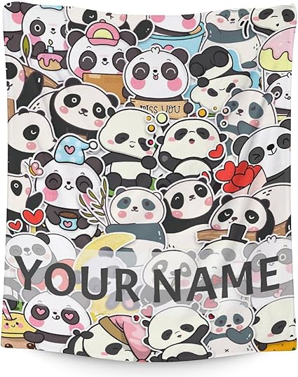 Personalized Panda Blanket Gifts with Name - 60"x80" Cute Throw Blanket for Kids, Adults - Black Soft Fuzzy Blankets for Bed, Couch & Living Room