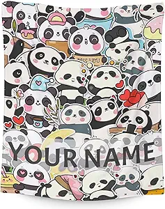 Personalized Panda Blanket Gifts with Name - 60"x80" Cute Throw Blanket for Kids, Adults - Black Soft Fuzzy Blankets for Bed, Couch & Living Room