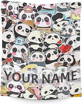 Personalized Panda Blanket Gifts with Name - 60"x80" Cute Throw Blanket for Kids, Adults - Black Soft Fuzzy Blankets for Bed, Couch & Living Room