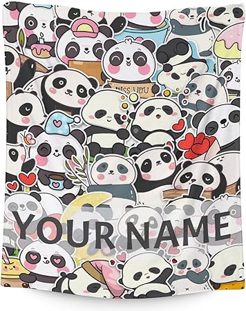 Personalized Panda Blanket Gifts with Name - 60"x80" Cute Throw Blanket for Kids, Adults - Black Soft Fuzzy Blankets for Bed, Couch & Living Room