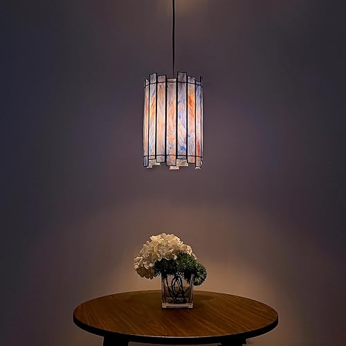Miniatura 8 de Tiffany - Lámpara colgante cilíndrica de latón de 7 pulgadas con vitrales para vestíbulo, entrada, dormitorio, comedor, escalera (azul profundo)