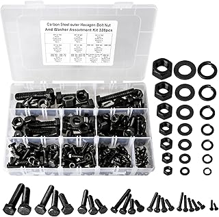 328PCS M3/M4/M5/M6/M8/M10/M12 Metric Bolt Assortment Kit, Grade 8.8 Carbon Steel Heavy Duty Flat Hex Head Screws Bolts and Nuts Kit, Nuts Flat Gasket and Lock Washers Assortment Kit(Black)