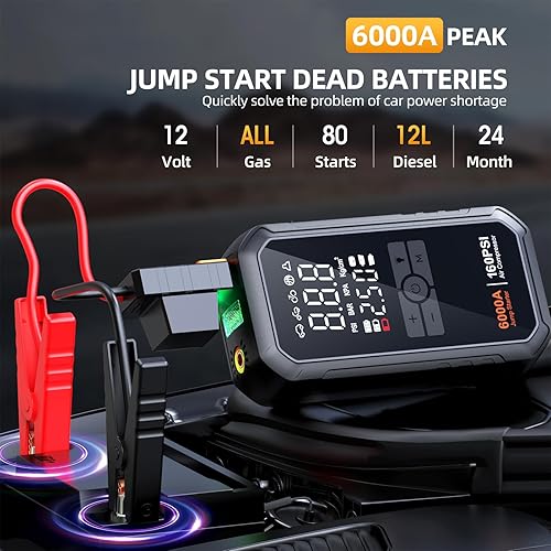 Miniatura 2 de Arrancador de salto 10 en 1 con compresor de aire 6000A 26800mAh 160PSI batería portátil de coche arrancador (todo gasolina12L diesel), caja de