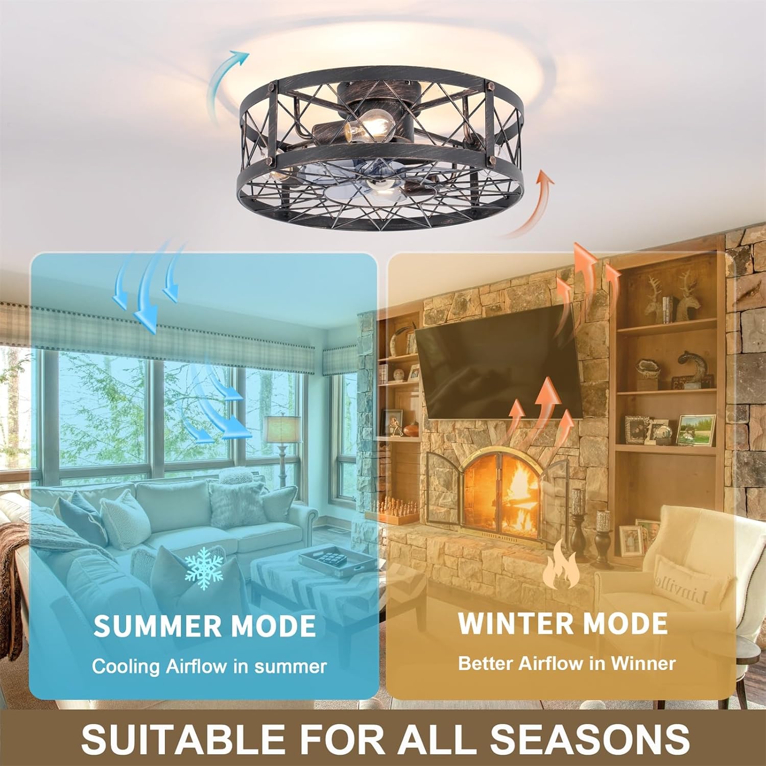 20" Farmhouse Flush Mount Caged Ceiling Fans with Lights, Rustic Low Profile Ceiling Fan with Remote, Quiet Reversible DC Motor Small Bladeless Enclosed Ceiling Fan for Bedroom Dining Room Kitchen Black Brush Gold 19.7 INCH