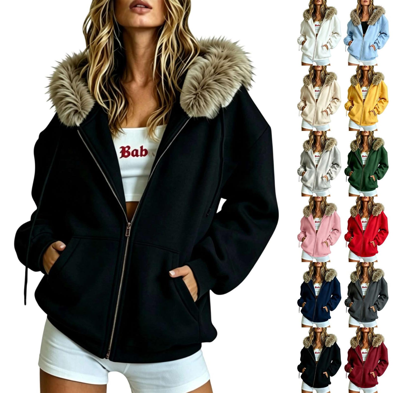 Zip Up Hoodie Women Oversized Jacket with Fur Hood Long Sleeve Hoodies