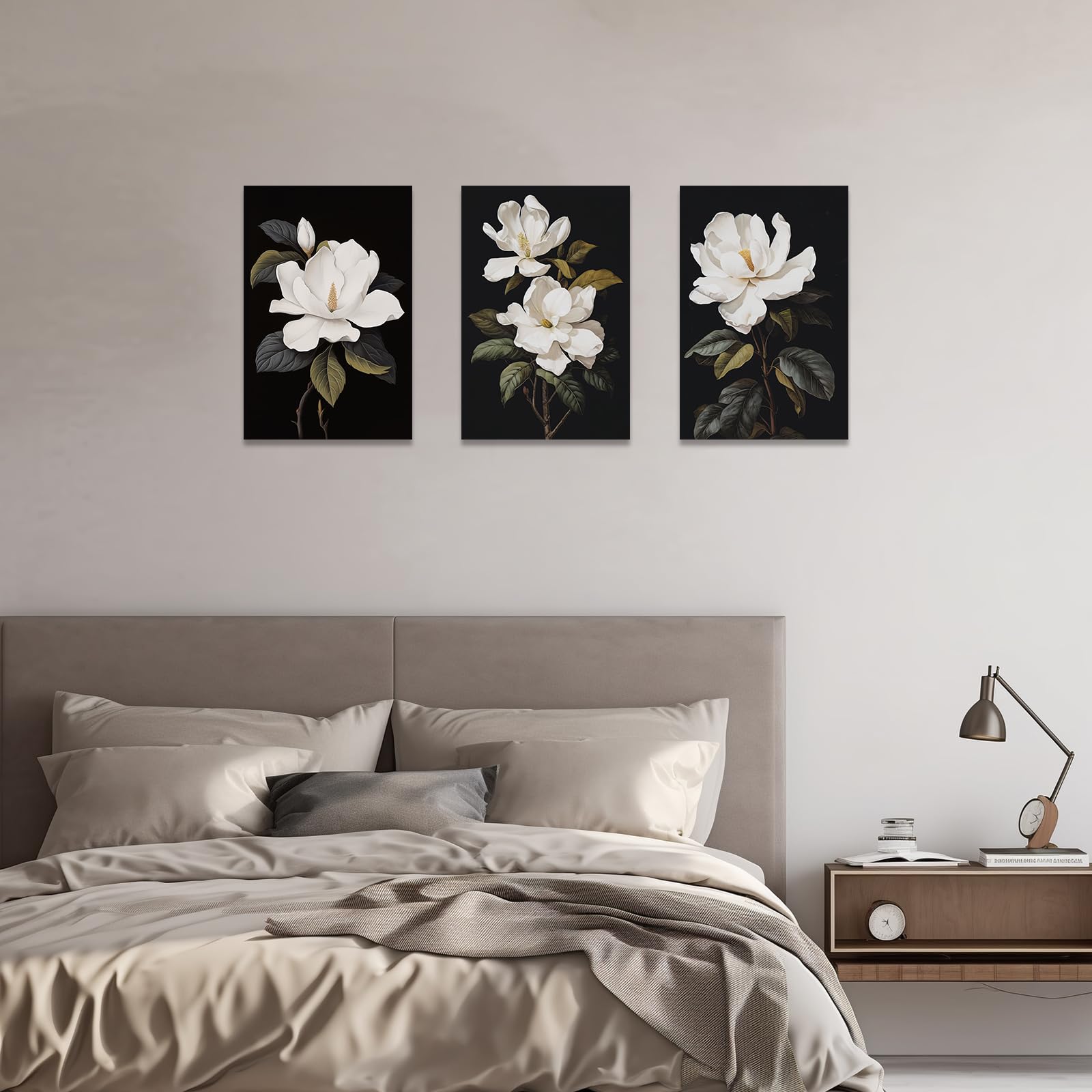 CCWACPP 3 Piece Floral Canvas Wall Art Magnolia Flowers Pictures Black and White Flowers Painting Prints Modern Bedroom Living Room Home Decor Framed (A - Image 3