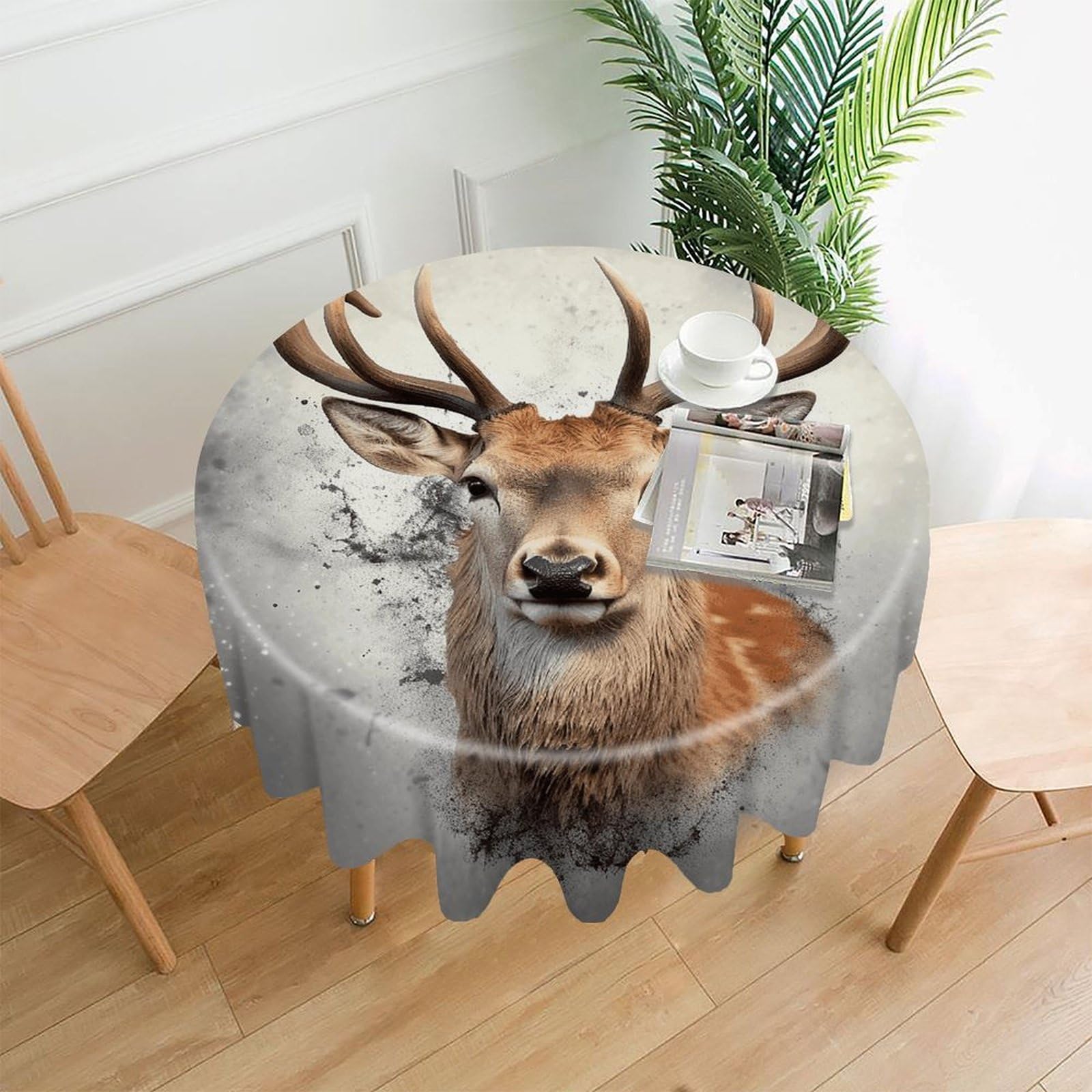 FekiLoot Animal Deer Round Tablecloth Cover 60 Inch Wrinkle Free Washable Polyester Fabric Table Cover Decorative Round Table Cloth for Home Dining Kitchen Party Farmhouse