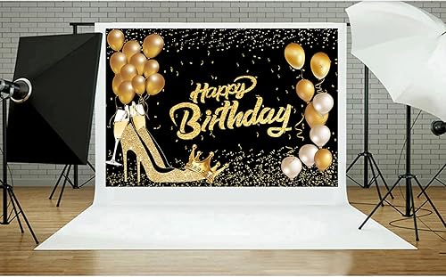 Miniatura 4 de Fondo de poliéster suave de 7 x 5 pies, color negro y dorado con purpurina brillante, globos dorados de tacón alto, fondo de fotografía para