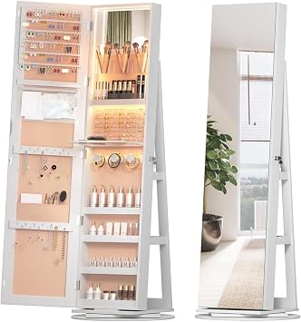 360  Rotating Jewelry Moir Full Body Mirror with Jewelry Storage Large Capacity Rotating Jewelry Mirror Cabinet Wood with 3 LED Modes Storage Cabinet Space Saving Bedroom Closet Clothes Jewelry