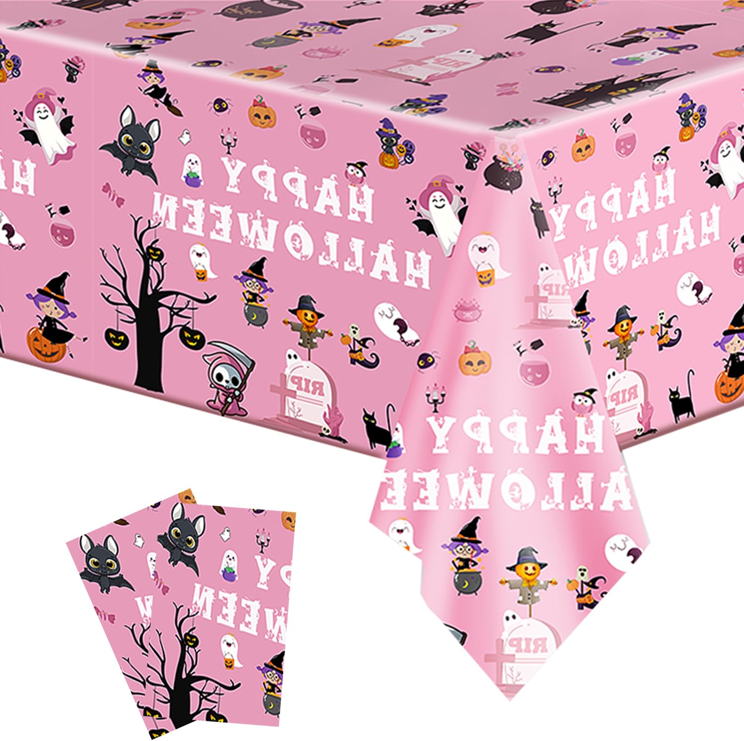 2 Pieces Halloween 2023 Tablecloth Pink Witch Theme — Disposable Tablecover Halloween Decorations for Kid Baby Shower — Pink Witch Halloween Tables (72"X42", 2-Pack)