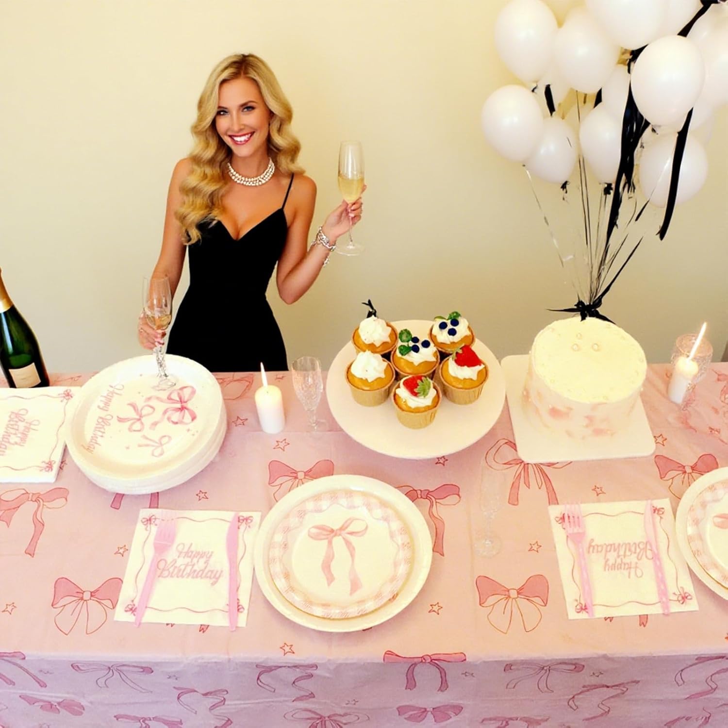 Pink Bow Birthday Decorations Serve 24 Coquette Birthday Decorations Party Supplies, Includes Bow Banner Tablecloth Balloons Plates Flatware Cups Napkins Theme Tableware for Women Girls Party Decor