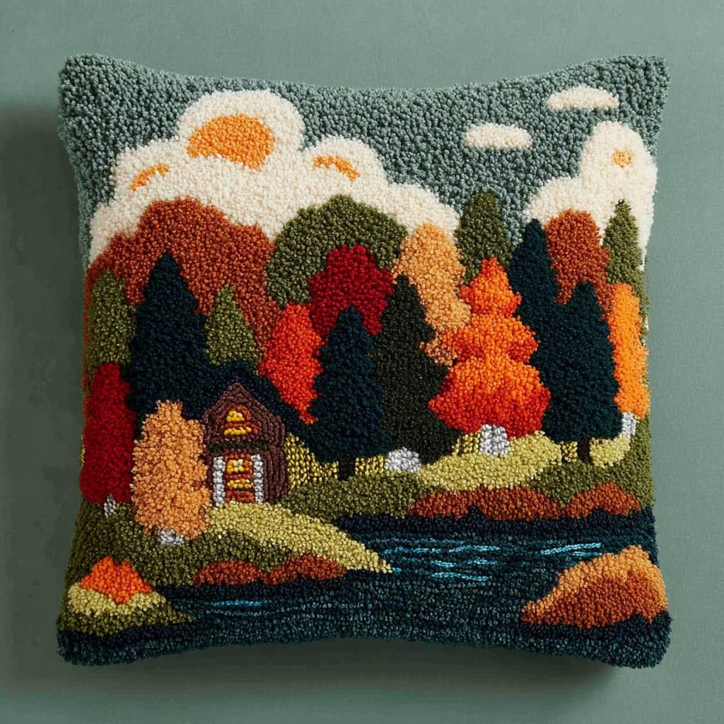 WallustrioaW DIY Latch Hook Cushion Kits,Lake Scenery