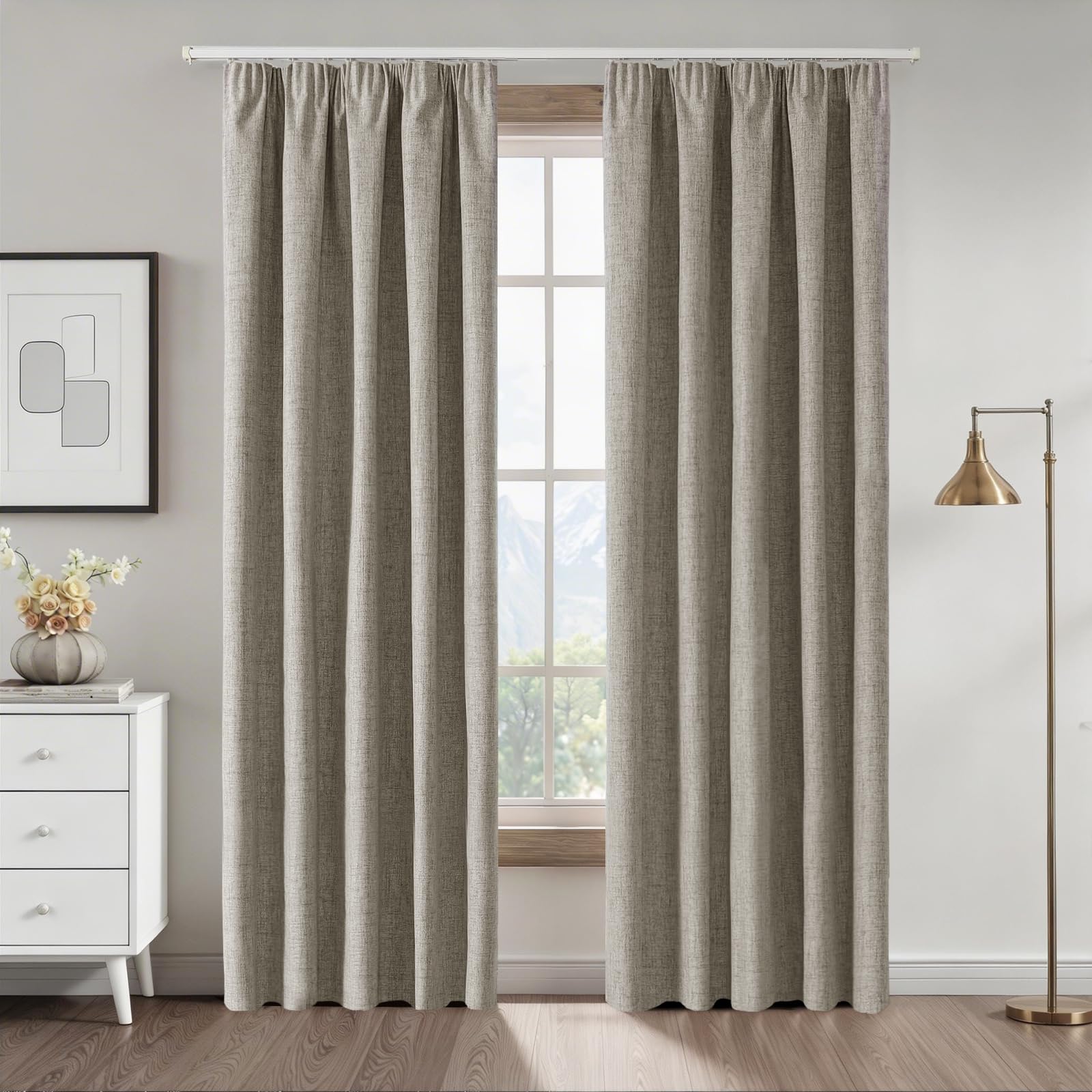 CUCRAF 100% Blackout Pencil Pleat Curtains 52 x 84 Inch Thermal for Living Room Bedroom Kitchen,Linen,2 Panels