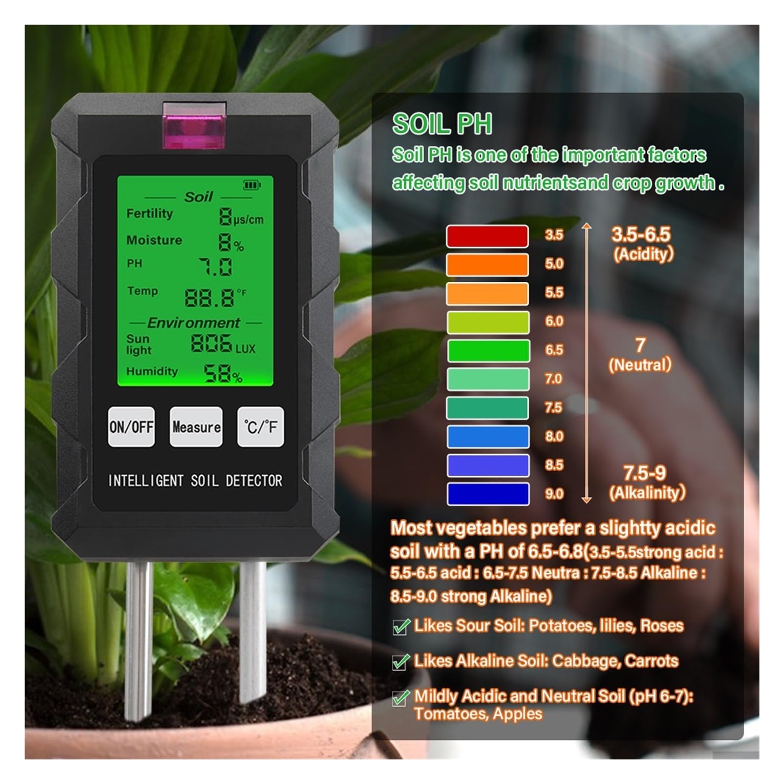 Humidimètre pour Sol, Testeur numérique Multifonction 6 en 1 de pH/température/humidité du Sol, Outil de Jardinage pour Le Jardinage et l'agriculture