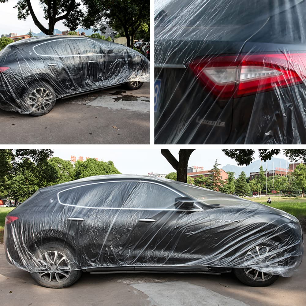 4 Packs Disposable Car Cover Clear Plastic Car Cover Universal Rain Dust Garage Cover with Elastic Band Medium — view 3