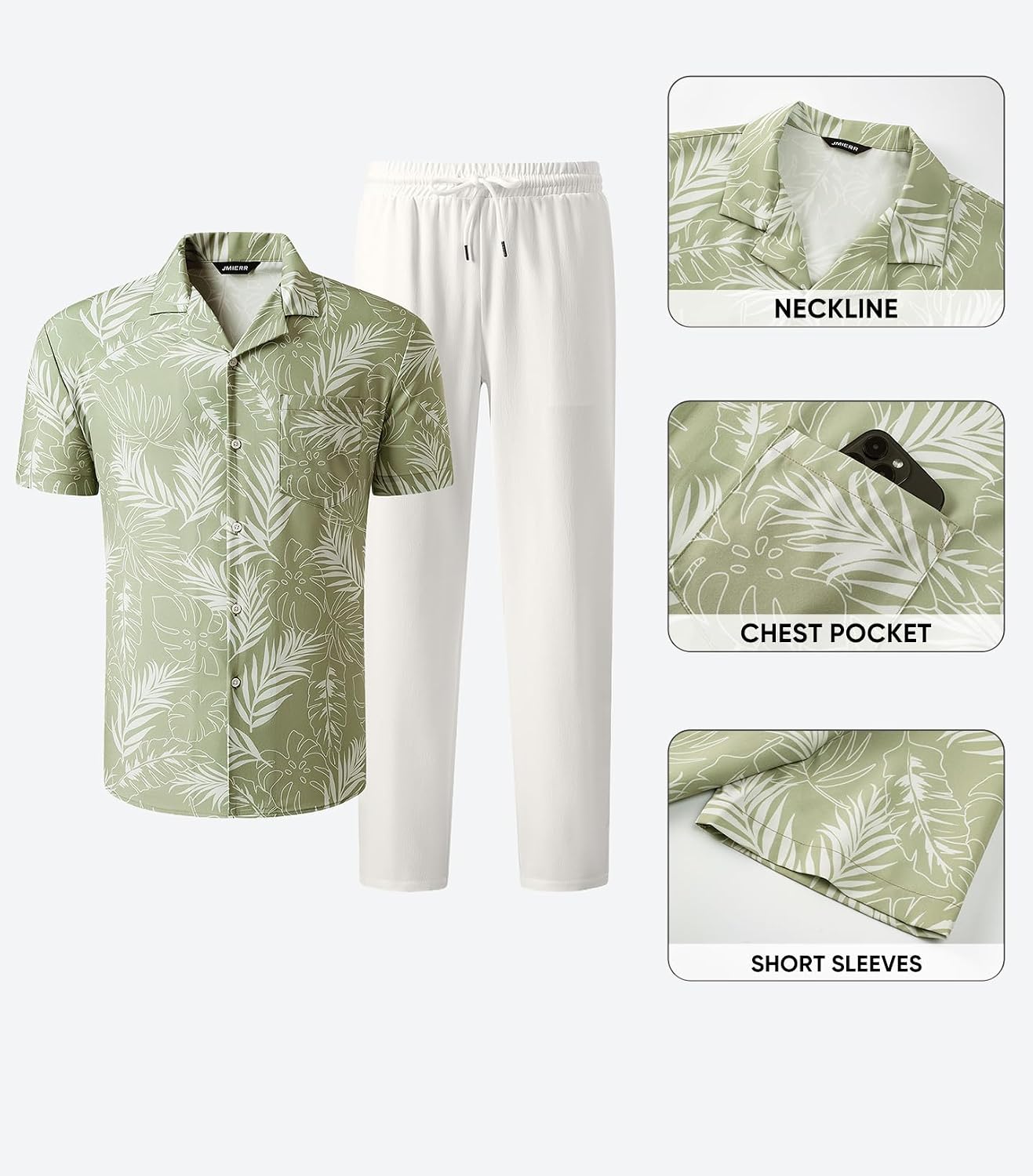 JMIERR Men Texture 2 Piece Outfit Short Sleeve Lightweight Beach Button Down Shirt Casual Pant Sets with Pocket