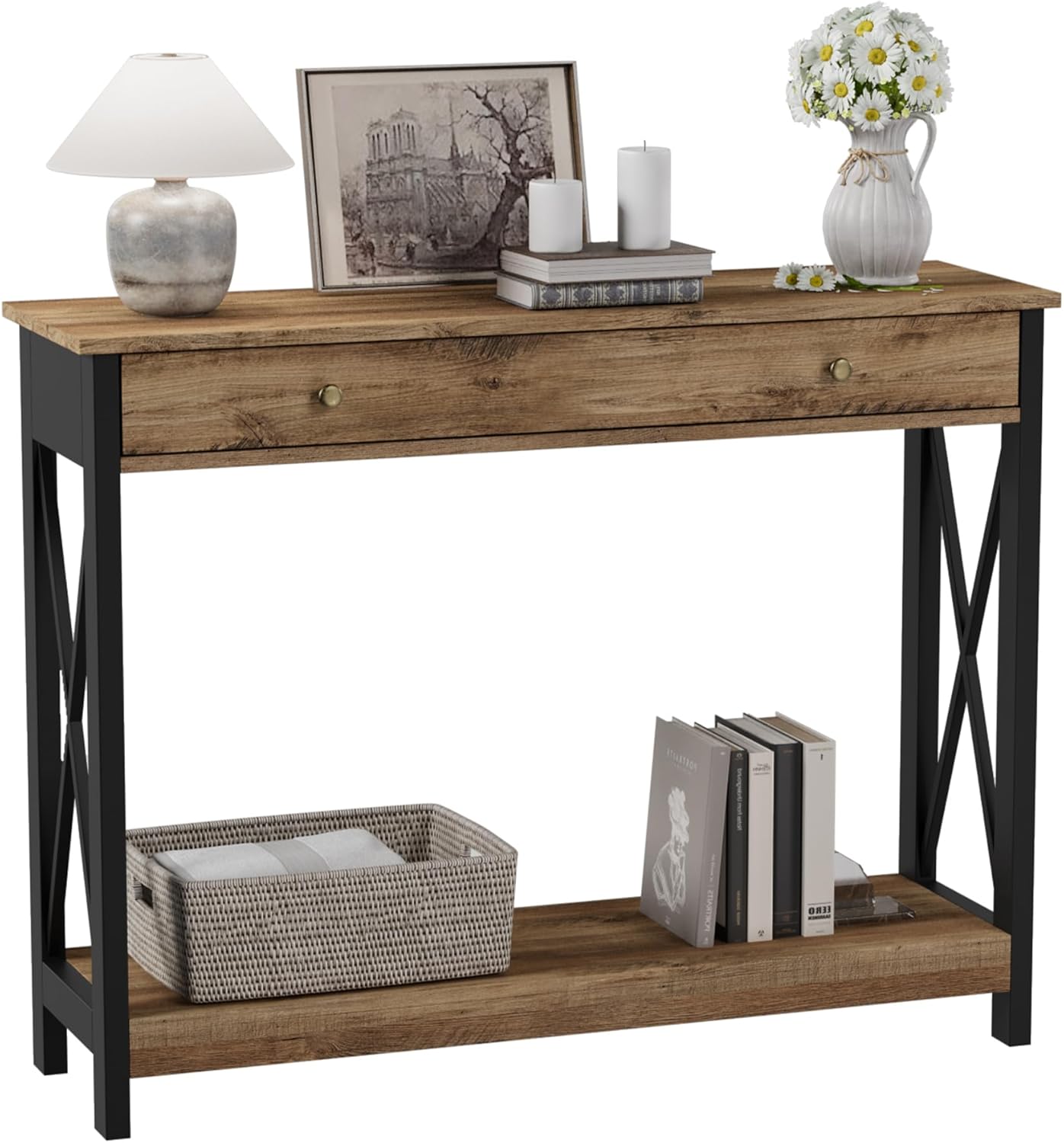 Treocho Console Table with Drawer and Storage Shelves, Foyer Sofa Table Narrow for Entryway, Living Room, Hallway Rustic Oak & Black