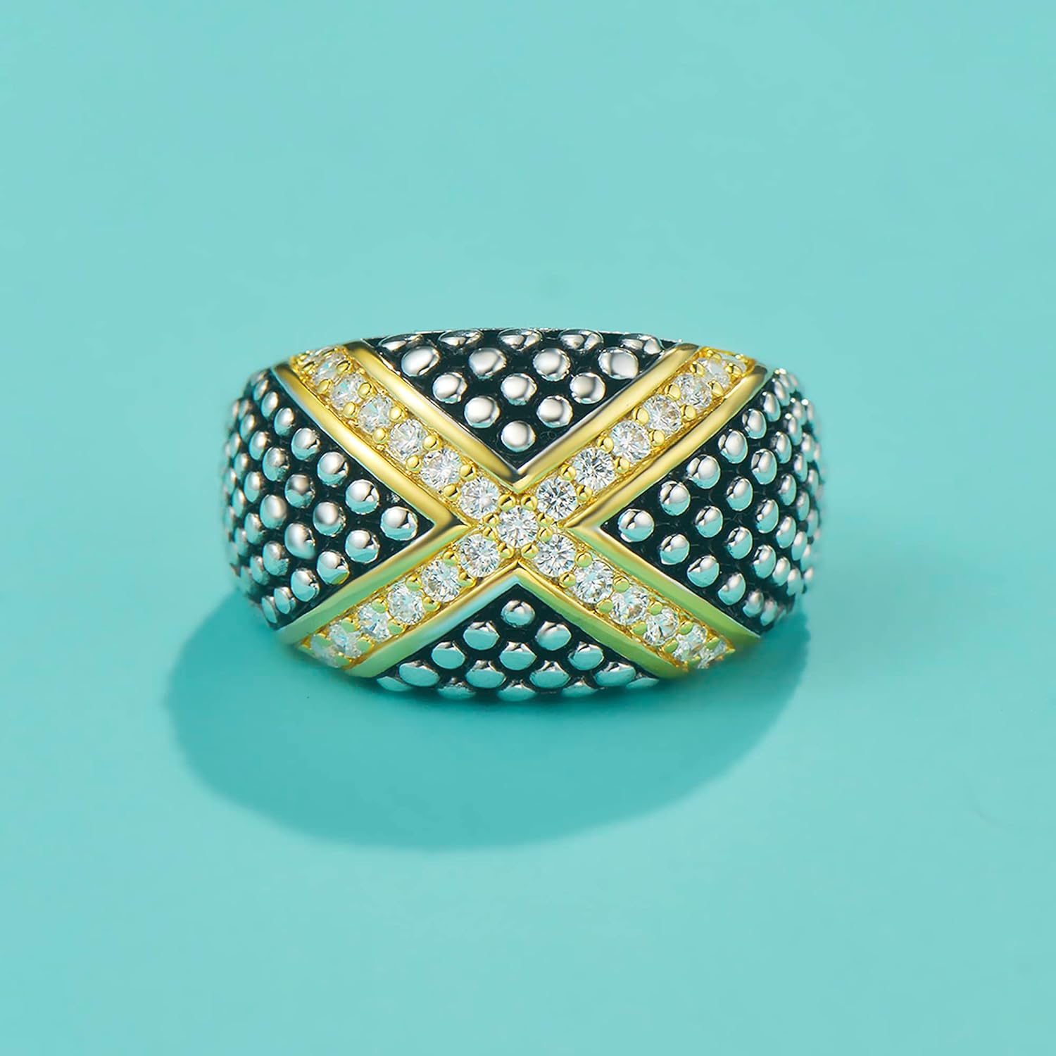 UNY JEWEL Jewelry Pave Dots X Bar Two Tone Ring with Pave CZ Unique Design With Sparkling Stones Perfect For Women's Fashion - Image 2