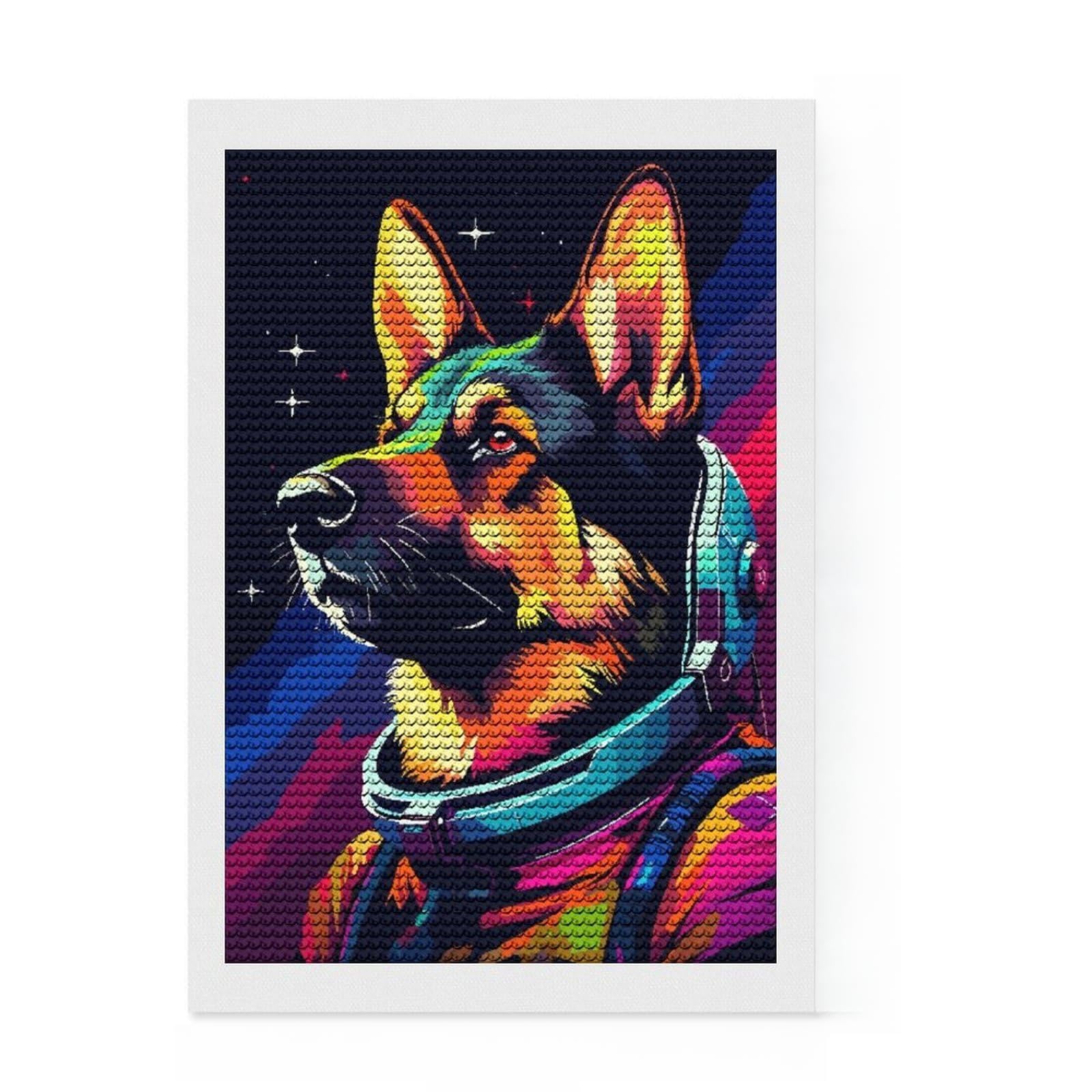 Junmoney German Shepherd Spaceman Diamond Art Canvas 8"x12", Sparkling Round Gems, Neat Printed Canvas, with Tool Kit, Office Decor, Printed Canvas