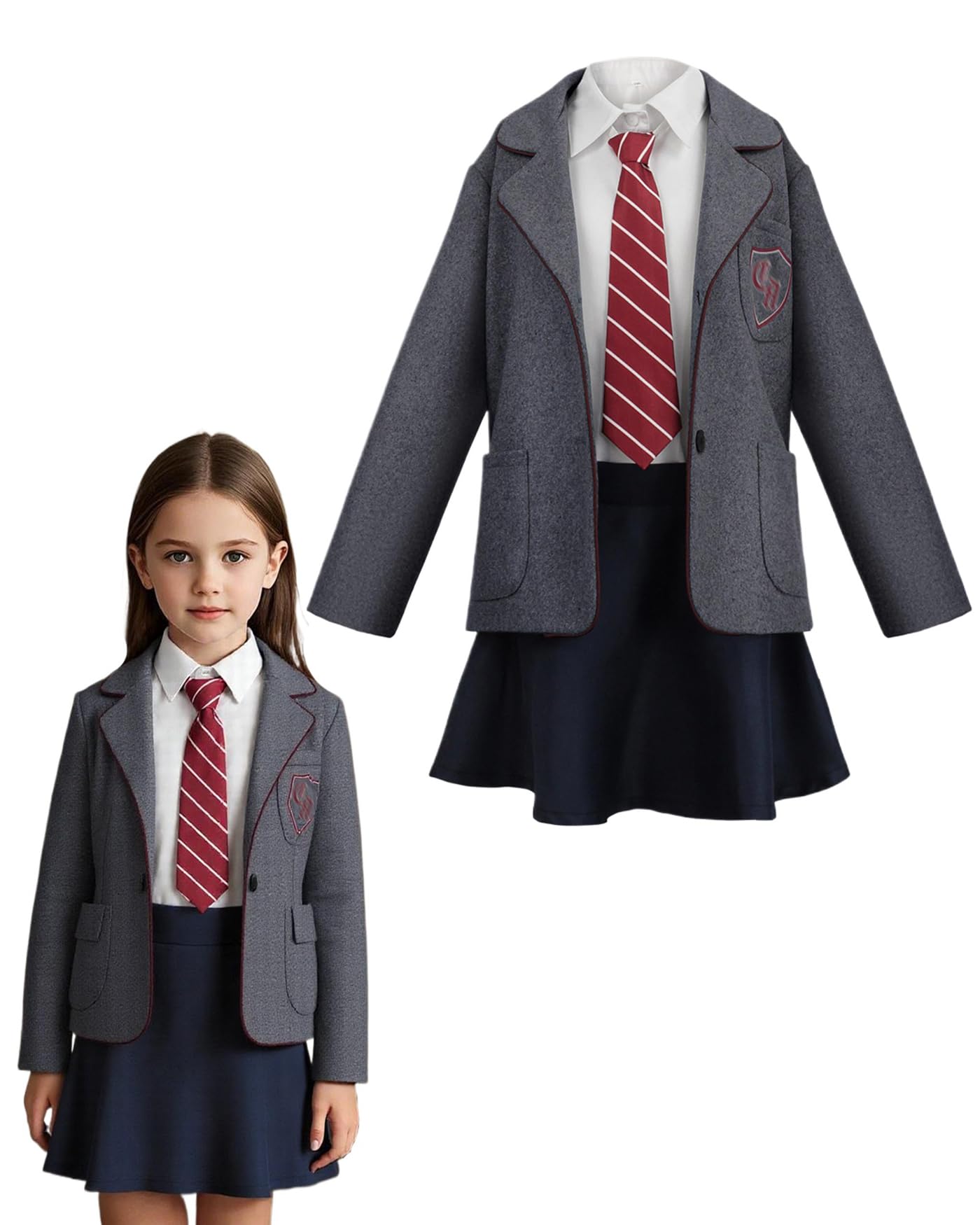 Koongso Girls Book Character Costume School Uniform Outfits - Grey Jacket, White Shirt, Black Skirt & Necktie, Roald Dahl World Book Day Costumes for Kids