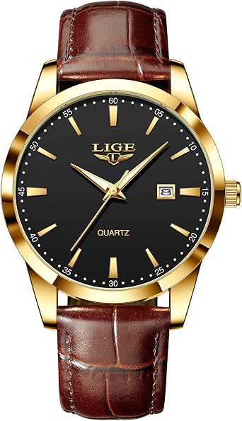 LIGE Men's Watches Waterproof Quartz Wrist Watch Stainless Steel Men's Watch with Date Business Black Leather Strap Wrist Watch for Men