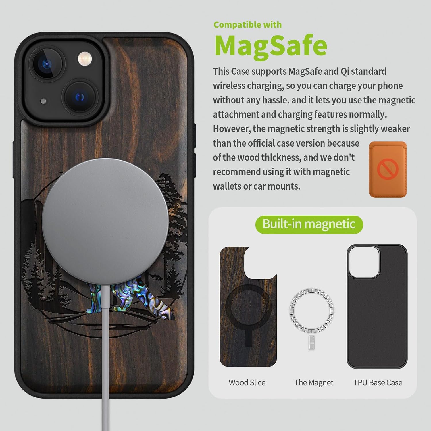 Carveit Wooden Case for iPhone 15 Magnetic Case, Compatible with MagSafe Wireless Chargers, Shockproof Cover, Handmade Shell Inlaid & Wood Artisan Engraved (Fox and Woods) Blackwood