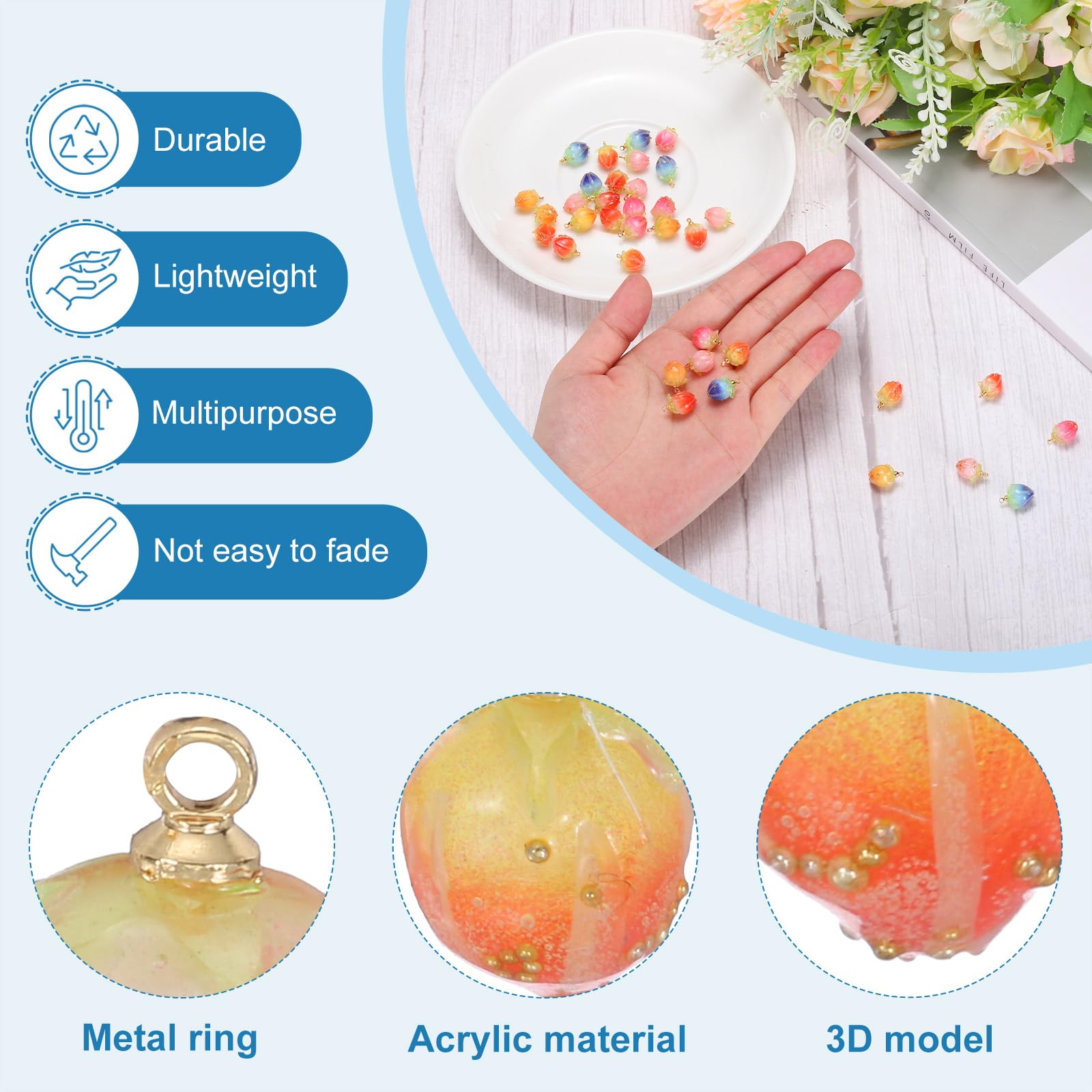 PATIKIL 0.6x0.4 Flower Beads, 10Pcs Acrylic Flower Buds Beads Mini Rose Charm for Bracelets Earrings, Necklaces - Image 3