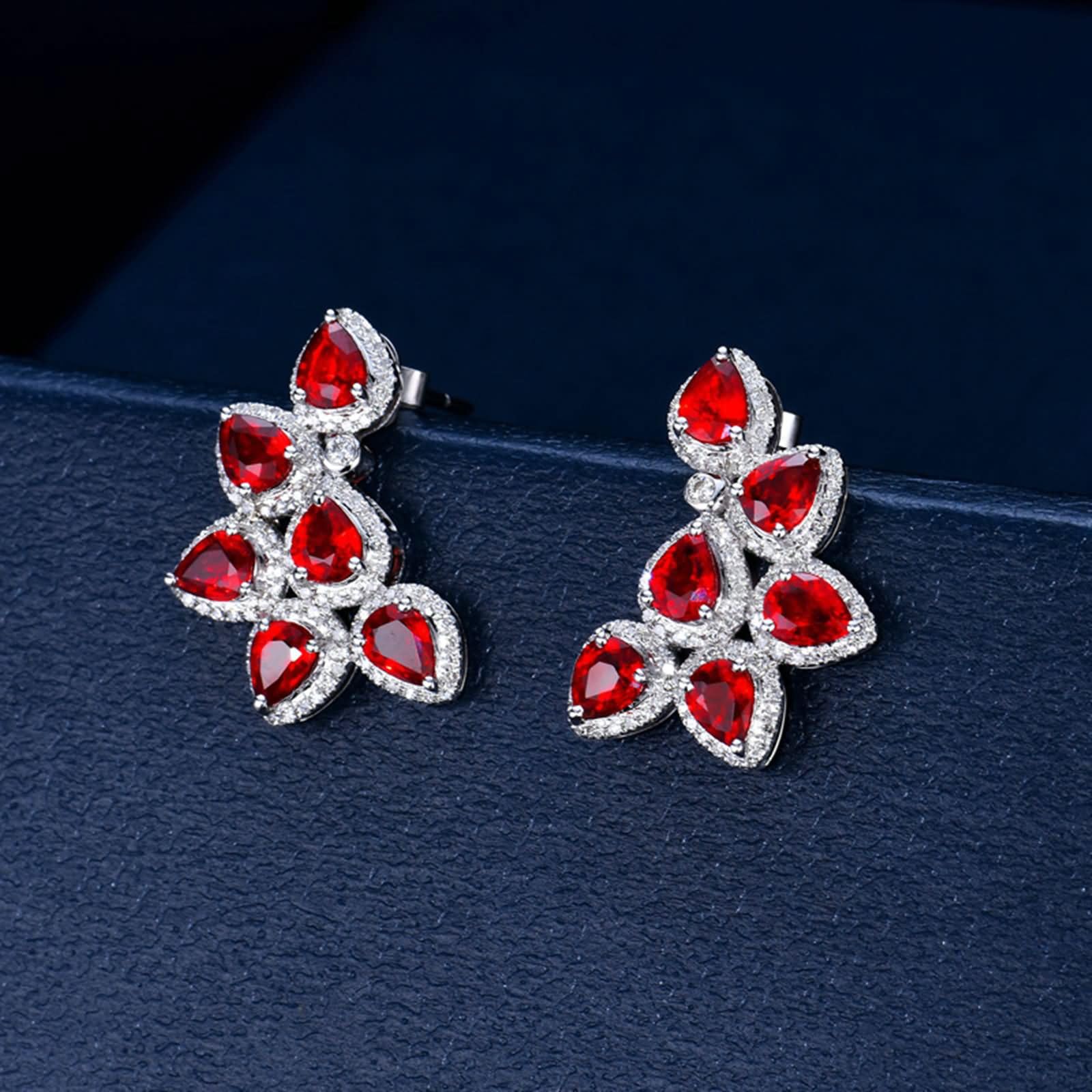Ohrringe 9K / 14K / 18K Weißgold für Damen, Wassertropfen mit Saphir und Diamant, Damen Ohrringe Ohrstecker Silber Rot