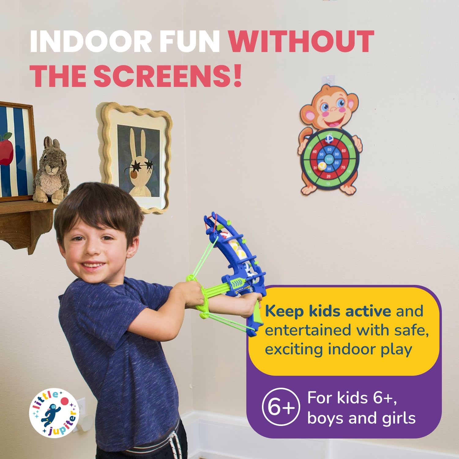 Crossbow & Ball Target Game - Fun Kids Dart Board for Indoor Play Includes 6 Hook & Loop Sticky Balls and Monkey Target for Boys and Girls 6-12 - Sticky Ball Dartboard - Dart Game