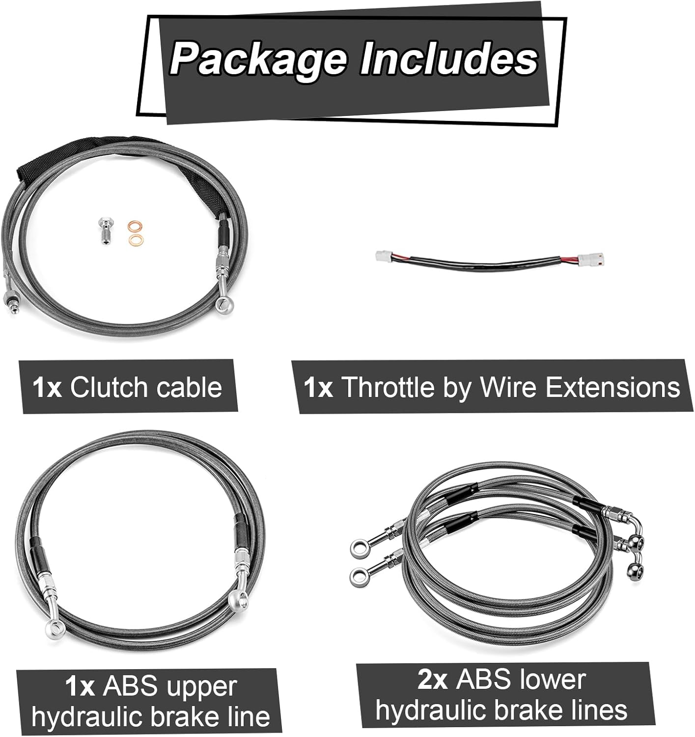 Mofun ABS Hydraulic Front Brake Line & Clutch Line & Throttle by Wire Extensions Black Compatible with Harley Touring Road King Street Electra Road Glide 2017-2020, Fit 12" -14" Handlebar