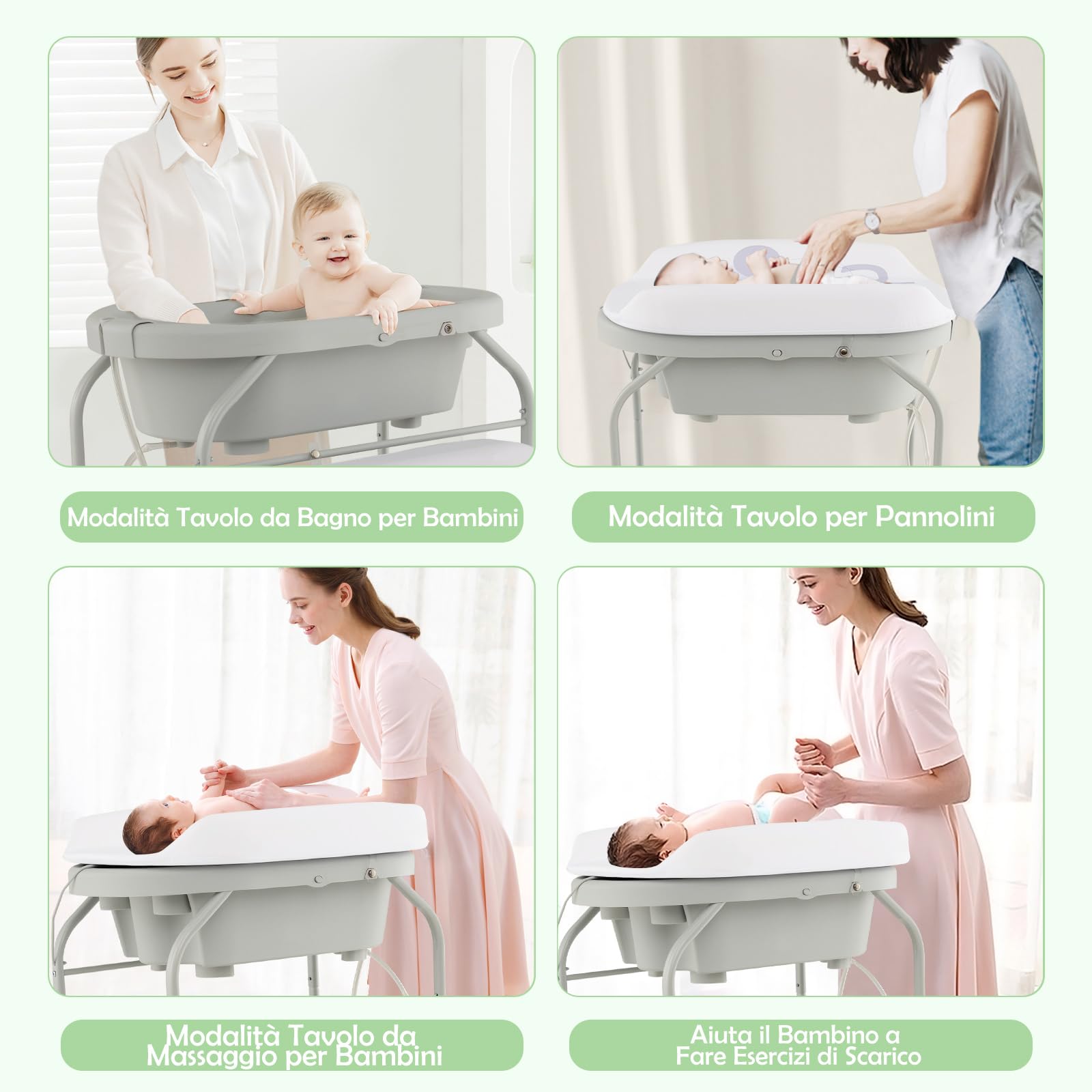 COSTWAY Fasciatoio con Vaschetta Bagnetto 2 in 1, Vasca da Bagno Pieghevole per Bambini, Grigio Chiaro