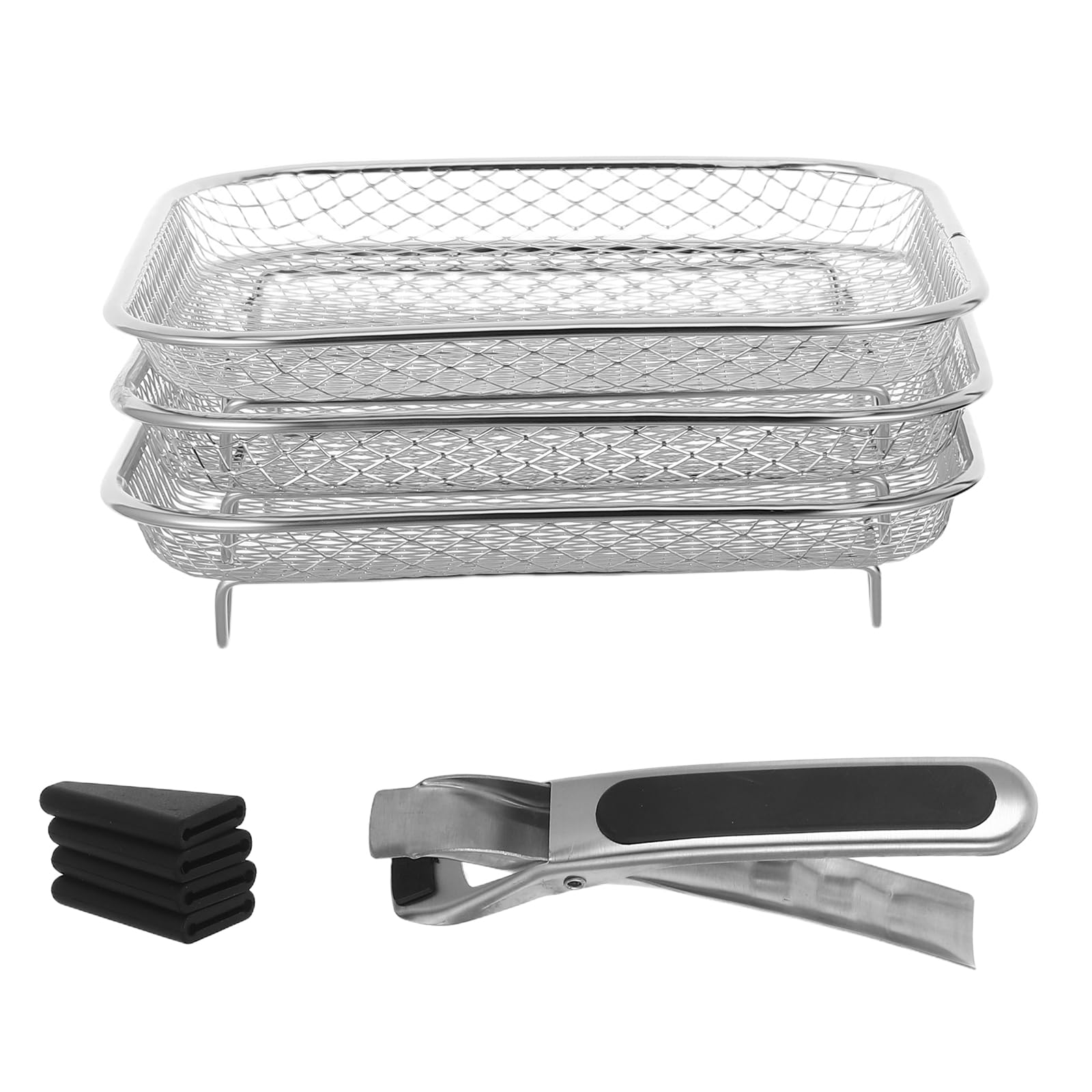 Set 8 Pezzi Griglie Essiccatore Impilabili in Acciaio Inox per Friggitrice ad Aria Ripiano Essiccazione Multistrato 3 Livelli con Morsetto e Copripiedi Accessori per Cottura