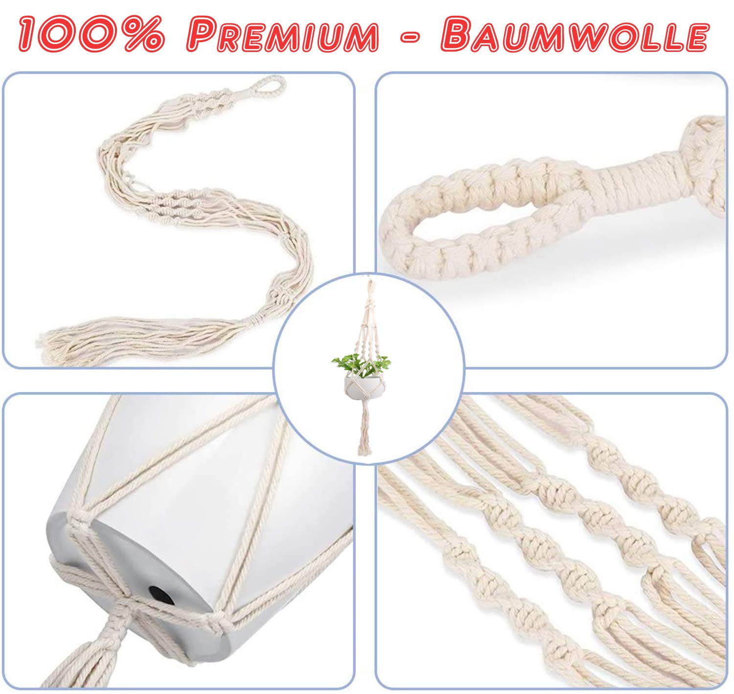 3 vasi Appendini per Piante Macramè, decorazione bohémien, in corda di cotone, da appendere all'interno, per piante, per interni, esterni, balconi, giardini, decorazione da parete, 88/90/92 cm
