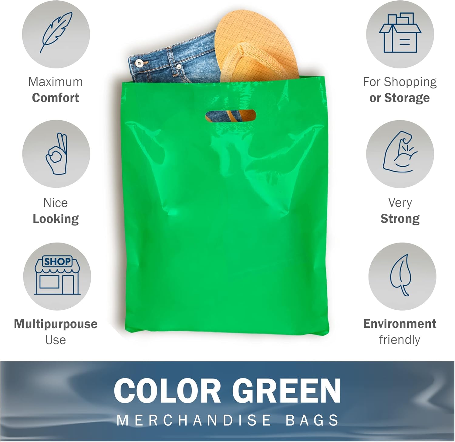Green Merchandise Plastic Shopping Bags - 100 Pack 12" x 15" with 1.5 mil Thick - Die Cut Handles - Perfect for Retail, Party Favors, Birthdays, Goodie Bags - Color Green - 100% Recyclable - Image 4