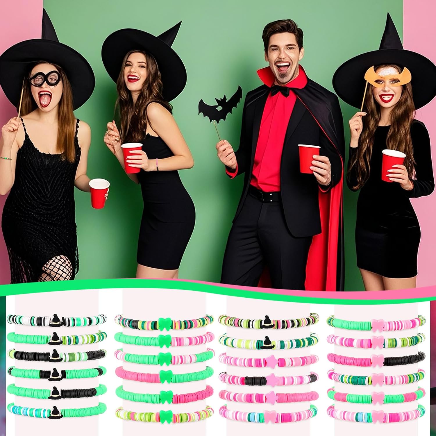 24 Pcs Witch Party Favors Witch Friendship Matching Bracelets Bulk Pink and Green Party Supplies Wizard Hat Princess Clay Beaded Bracelets Accessories for Movie Fans Birthday Woman Gifts - Image 6