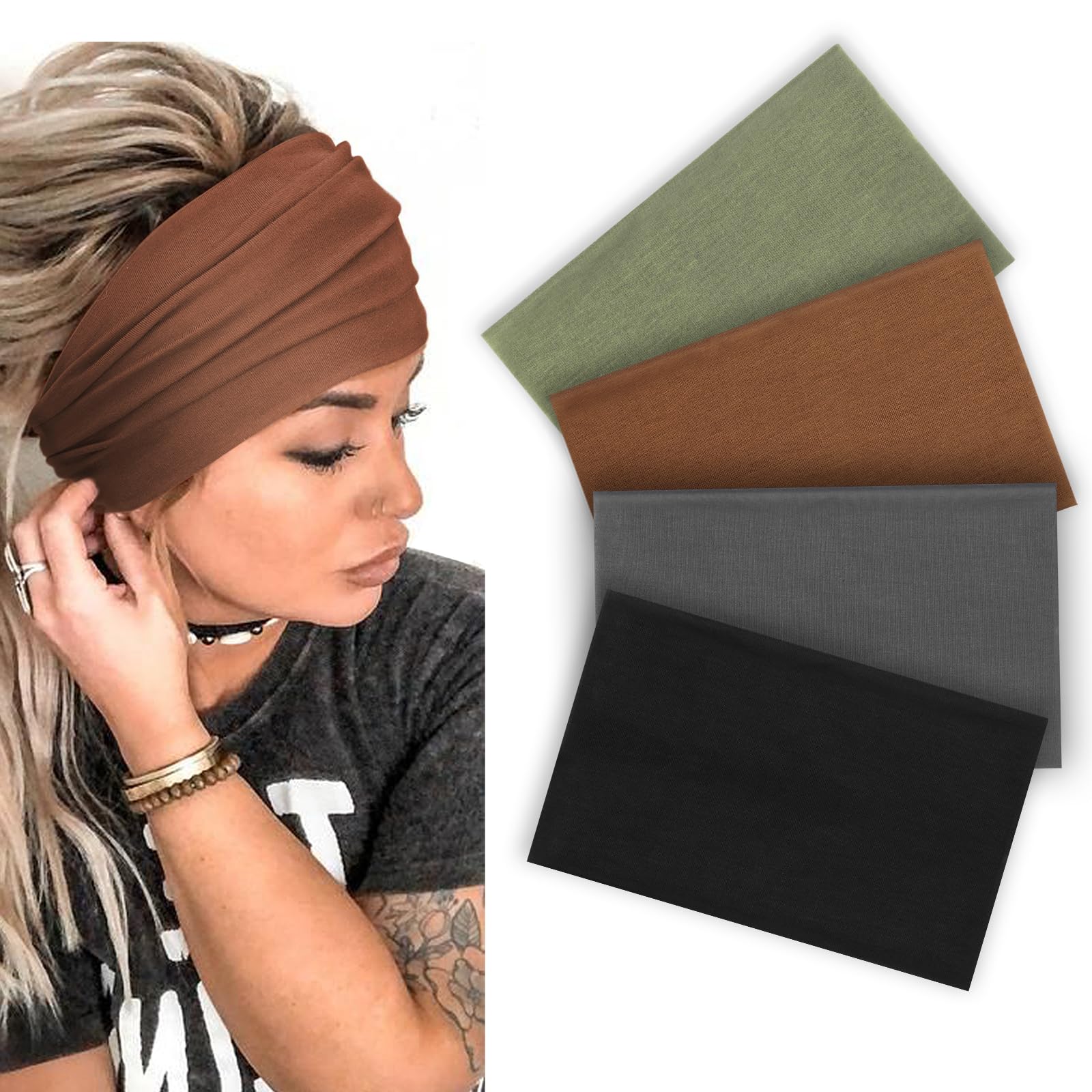 DRESHOW Wide Turban Headbands for Women Non-Slip Soft Elastic Hair Bands Workout Yoga Running Daily Wear Head Band Girls Accessories 4 Pack