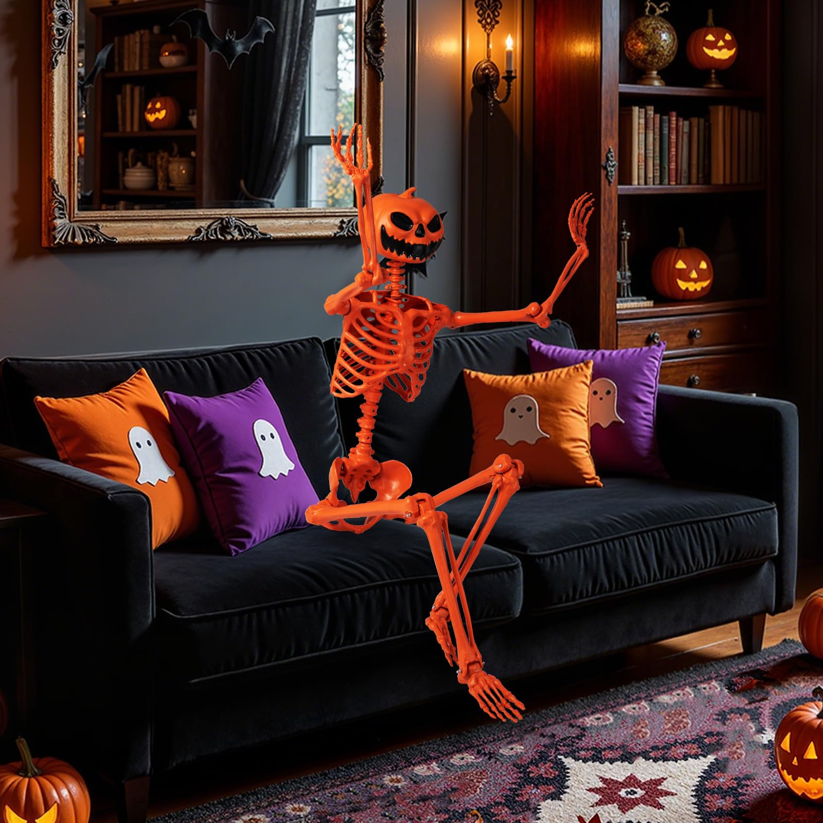 COSTWAY Halloween Deko Skelett, 158 cm, Skelette Kürbis mit beweglichen Gelenken & Seil, Lebensgroße Halloween Dekoration, Plastik, für drinnen, draußen, Friedhofspartys und Spukhaus-Partys, Orange