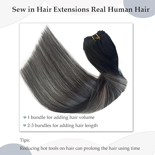 Miniatura 4 de Extensiones de cabello humano real Remy para coser, 14 pulgadas, balayage, color negro natural, balayage, color gris plateado, con reflejos, atadas