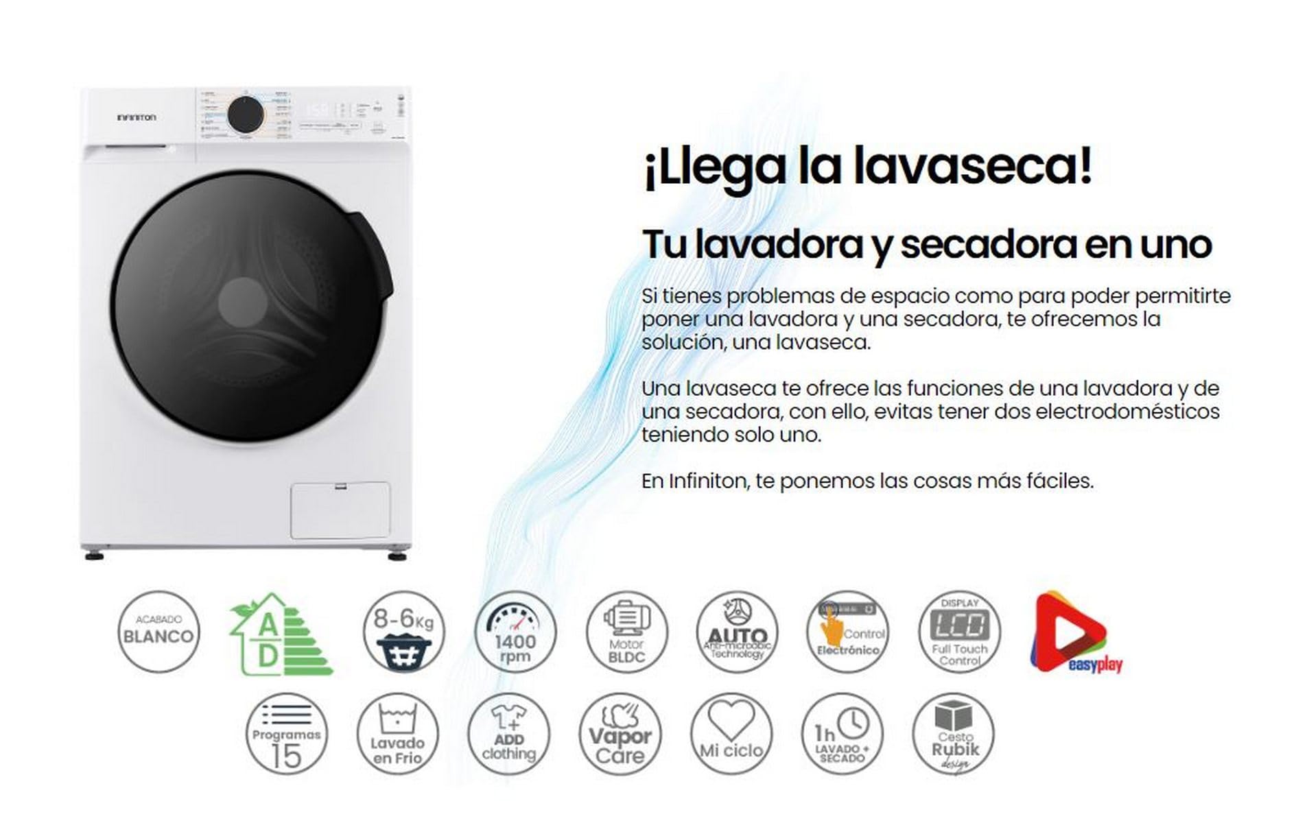 INFINITON Lavaseca WSD-G8A6D4BN, Capacidad 8Kg/6Kg, 1400 rpm, Regulación en altura, panel de mandos electrónico, INVERTER, 15 Programas, A/D, Blanco
