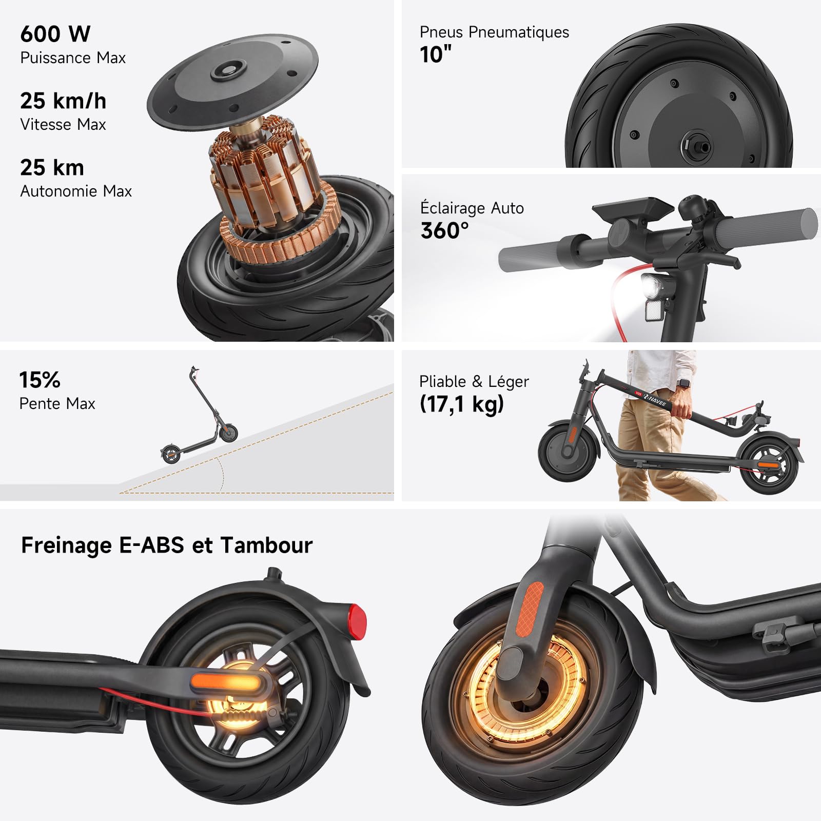 NAVEE V Série Trottinette Electrique Adulte 25-45KM, Moteur 600-800W, TCS, Antivol Intégré, Connectivité Bluetooth, Pneus 10" Tubeless, Sécurité 360°, APP Intelligent