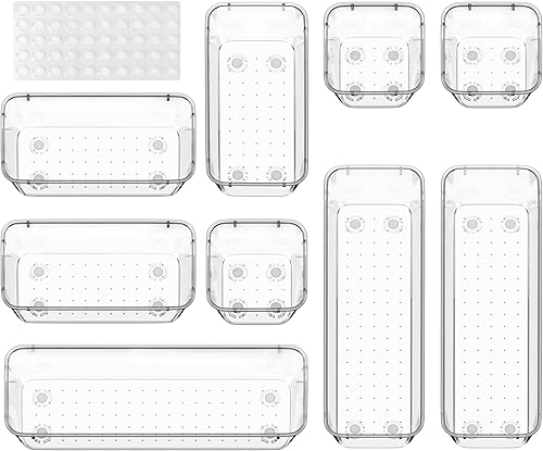 ValueMax Juego de 9 organizadores de cajones de plástico transparente con almohadillas antideslizantes, organizador de cajones de escritorio de 3