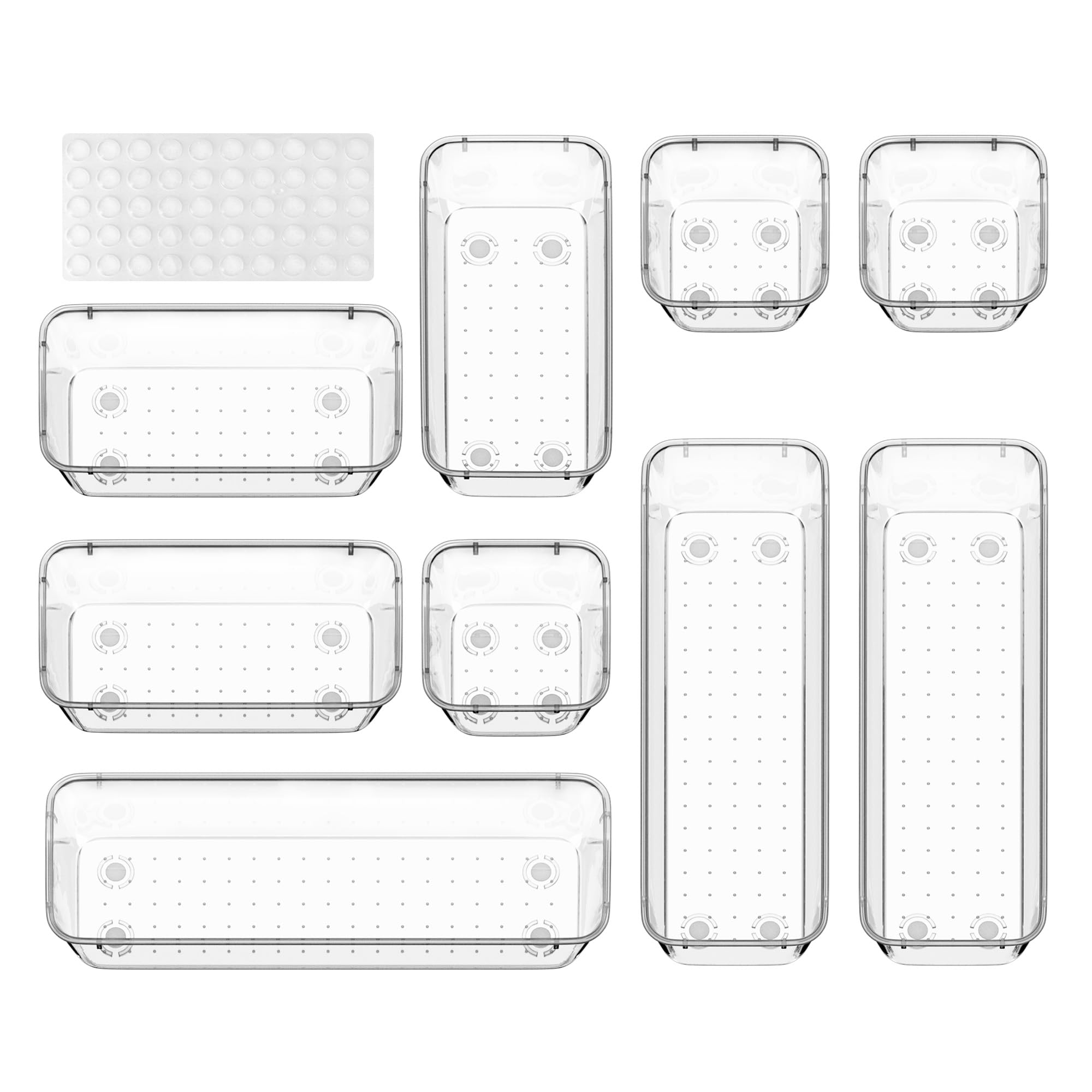 ValueMax 9 PCS Clear Plastic Drawer Organizers Set with Non-Slip Pads, 3 Sizes Desk Drawer Organizer for Vanity, Kitchen, Bathroom and Office