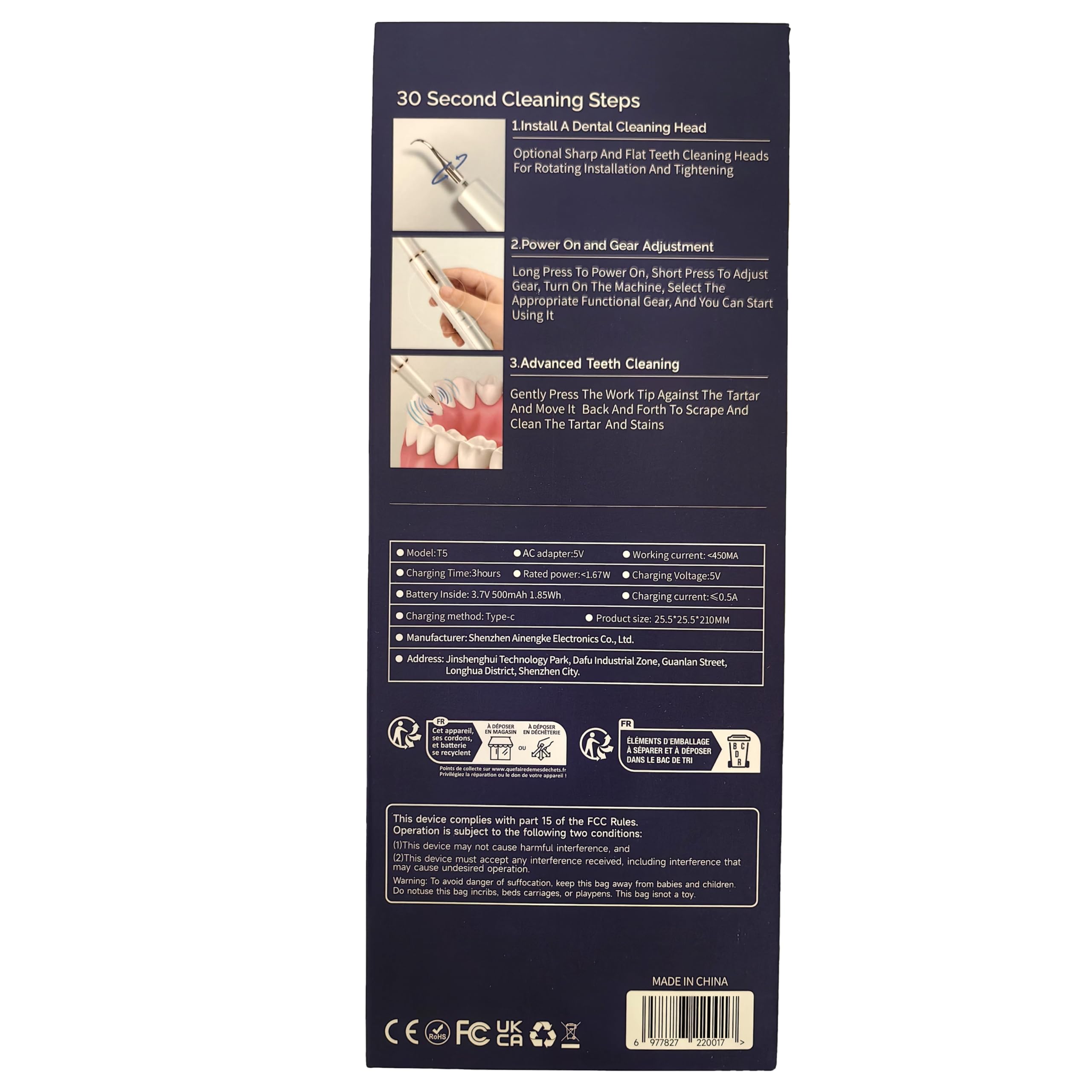 Kit Pulizia Denti Tartaro，Spazzolino Elettrico Ultrasuoni Intelligente con 5 Modalità Per Rimozione Placca e Macchie con 5 Testine Intercambiabili e Luci LED per Pulizia Tartaro Uso Quotidiano a Casa